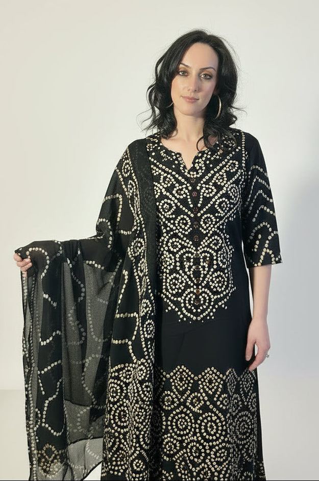 RIDHI Black Bandhani Tie Dye Kurta Trousers Suit Set  Close Up