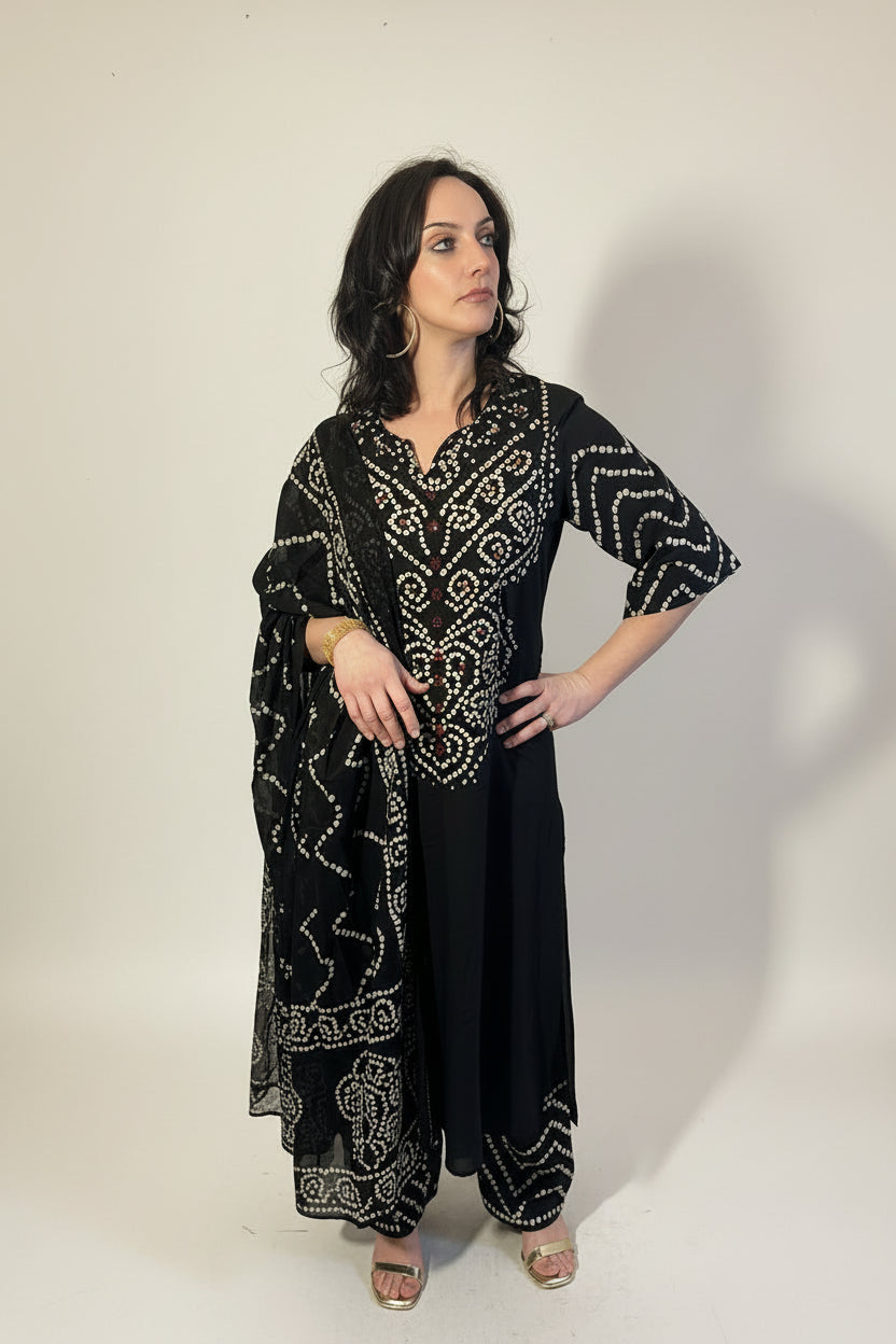 RIDHI Black Bandhani Tie Dye Kurta Trousers Suit Set Front