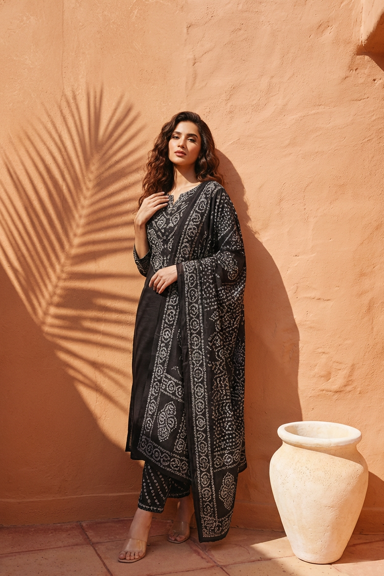 RIDHI Black Bandhani Tie Dye Kurta Trousers Suit Set front ai 