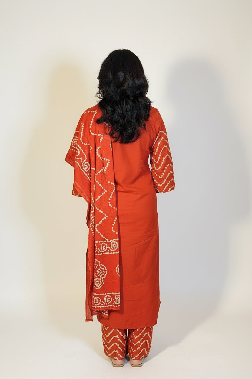 RIDHI Rust Bandhani Tie Dye Kurta Trousers Suit Set Back