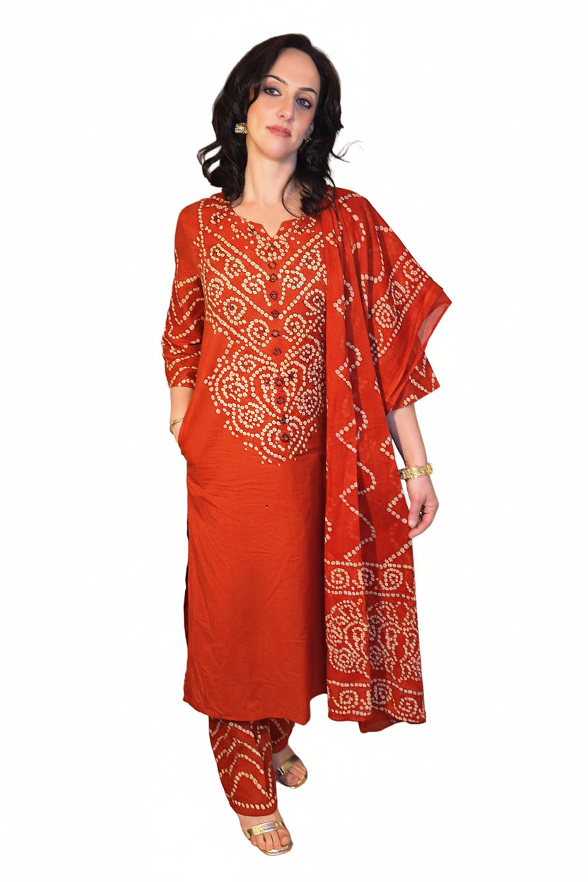 RIDHI Rust Bandhani Tie Dye Kurta Trousers Suit Set Front