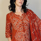 RIDHI Rust Bandhani Tie Dye Kurta Trousers Suit Set Front Close Up