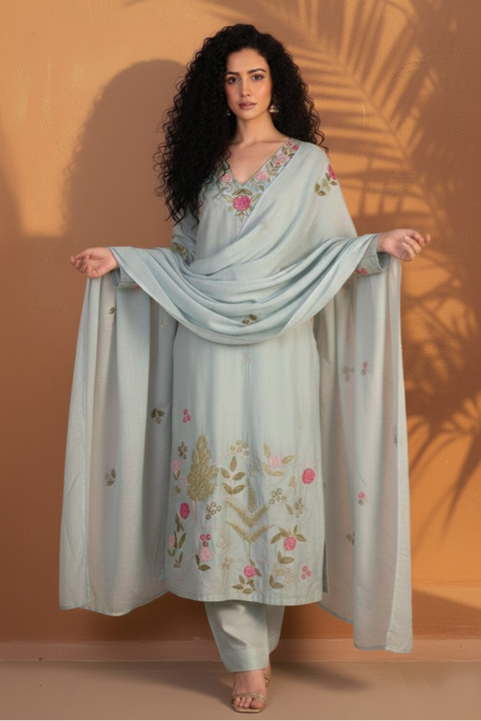 RIMSHA_Baby_Blue_Pure_Banaras_Mul_Chanderi_Suit_Set Front Side Outfit