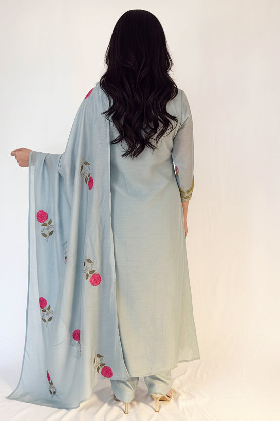 RIMSHA_Baby_Blue_Pure_Banaras_Mul_Chanderi_Suit_Set Front Side Outfit Back