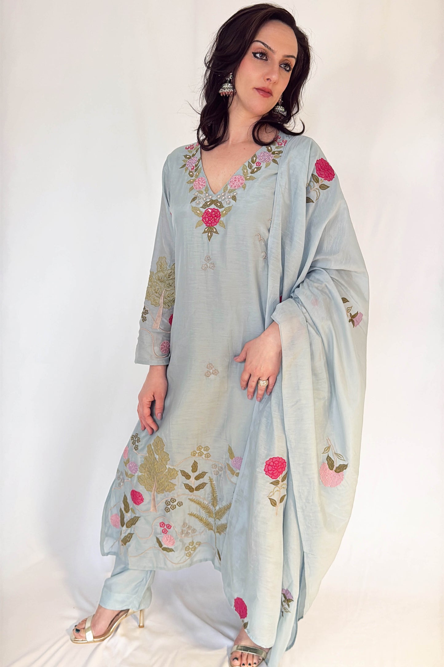 RIMSHA_Baby_Blue_Pure_Banaras_Mul_Chanderi_Suit_Set Front Side Outfit Second Picture