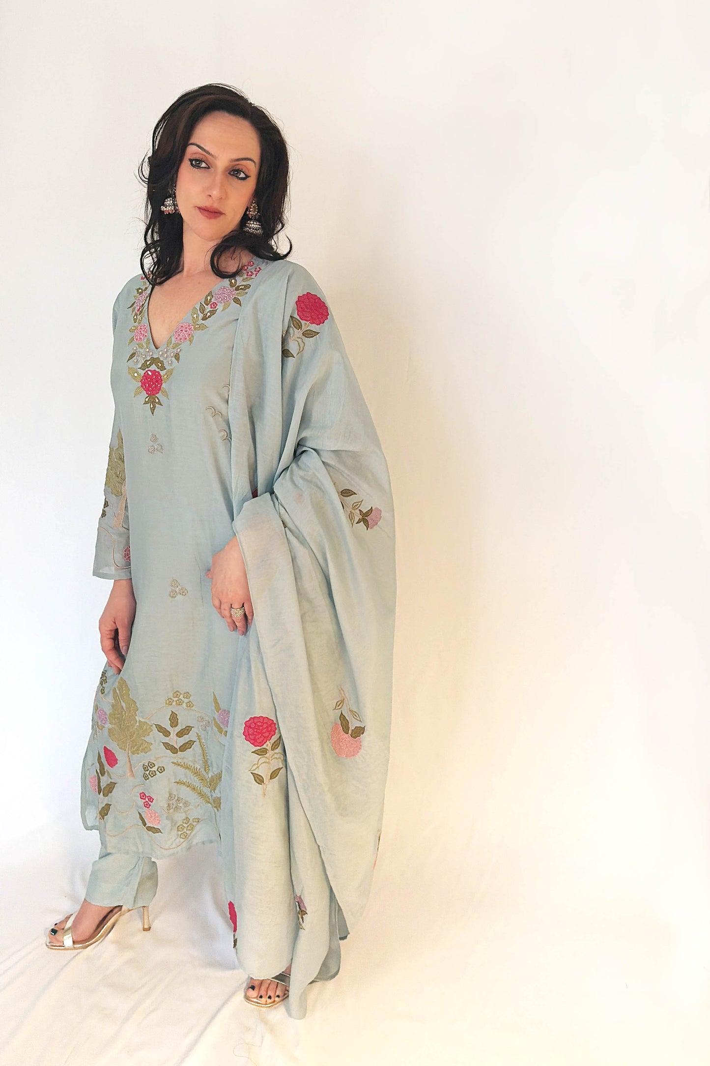 RIMSHA_Baby_Blue_Pure_Banaras_Mul_Chanderi_Suit_Set Front Side Outfit Side Picture