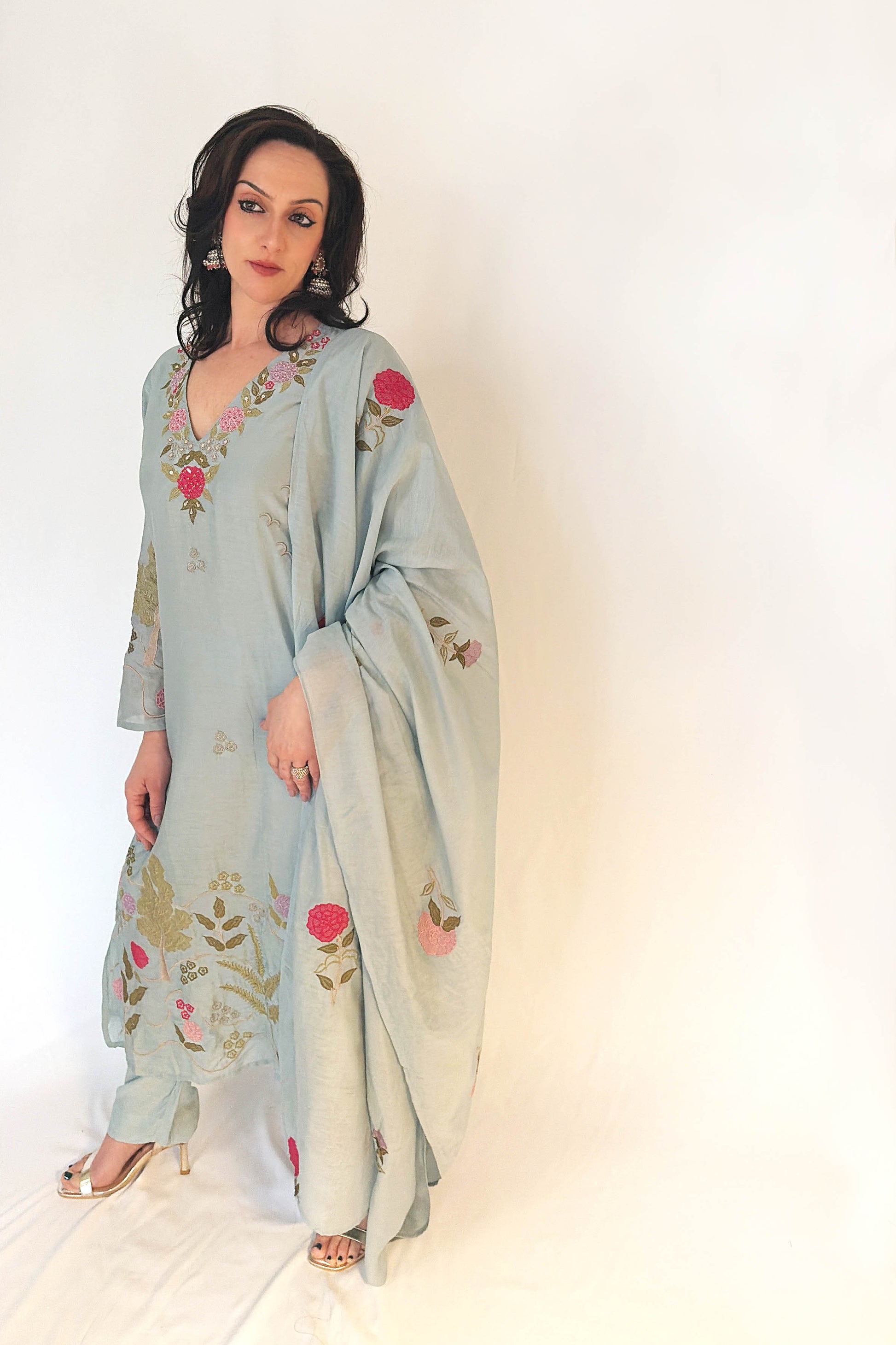 RIMSHA_Baby_Blue_Pure_Banaras_Mul_Chanderi_Suit_Set Front Side Outfit Side Picture