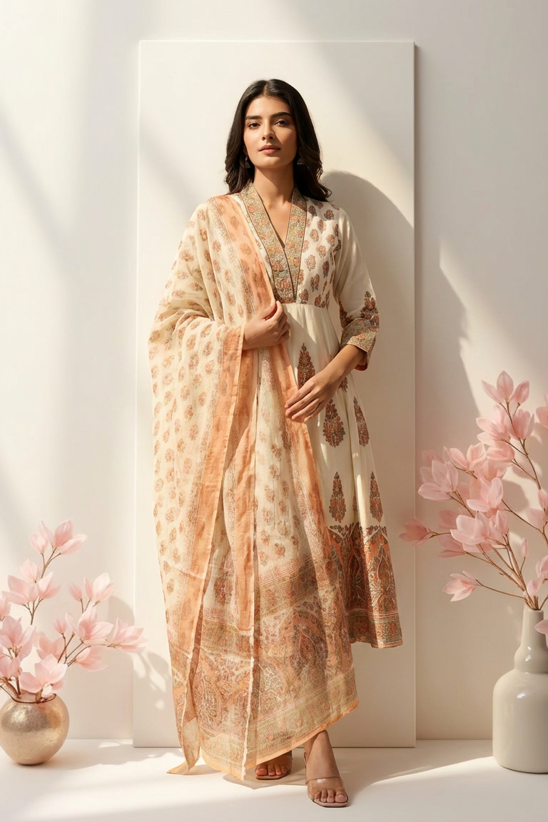 Saanvi Peach Black Printed Cotton Anarkali Suit Set