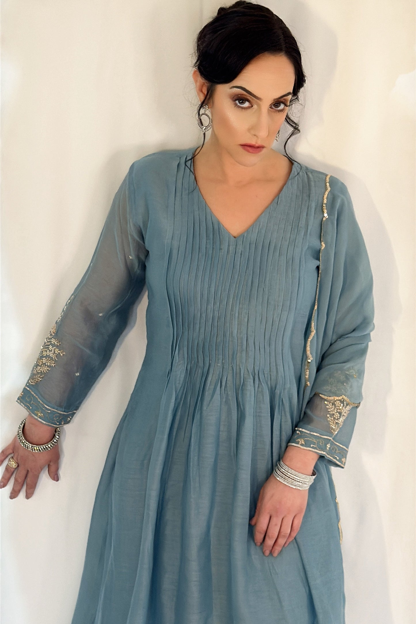 SAFA  Elegant  Blue Pintuck Mul Chanderi Suit Set Close up