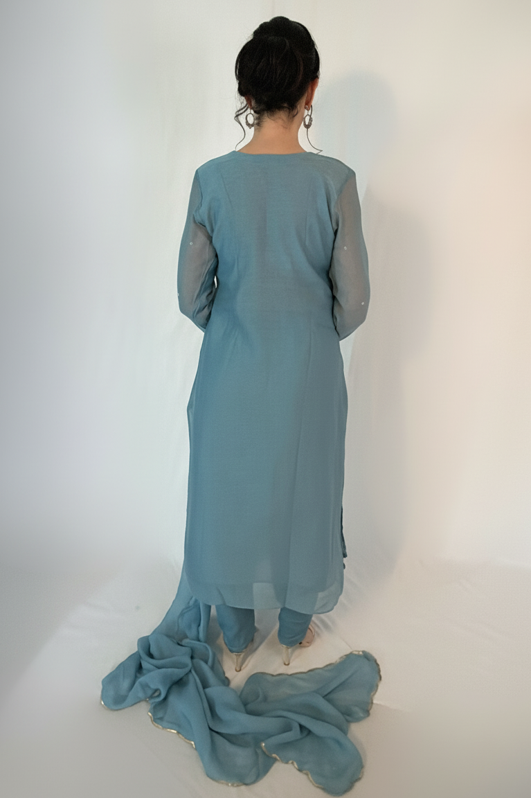 SAFA  Elegant  Blue Pintuck Mul Chanderi Suit Set  back 