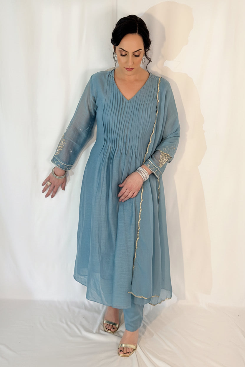 SAFA  Elegant  Blue Pintuck Mul Chanderi Suit Set front