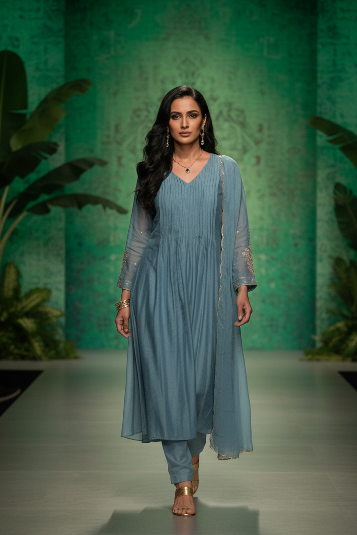 SAFA  Elegant  Blue Pintuck Mul Chanderi Suit Set front AI 2 