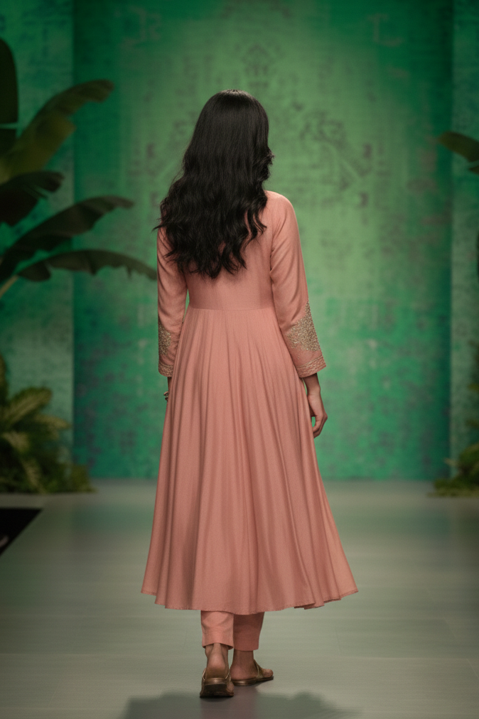SAFA Elegant Peach Pleated Mul Chanderi Suit Set AI 3 back 