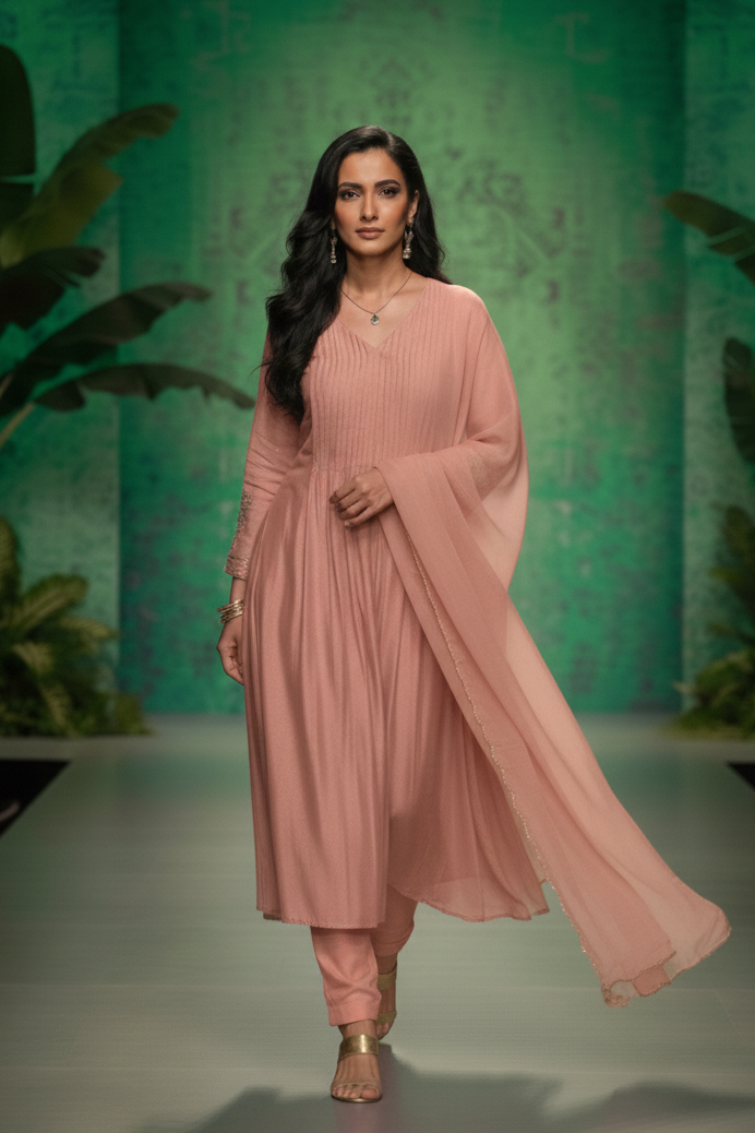 SAFA Elegant Peach Pleated Mul Chanderi Suit Set AI 3 front 