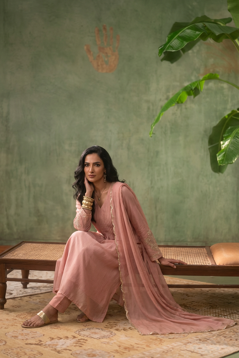 SAFA Elegant Peach Pleated Mul Chanderi Suit Set dupatta 