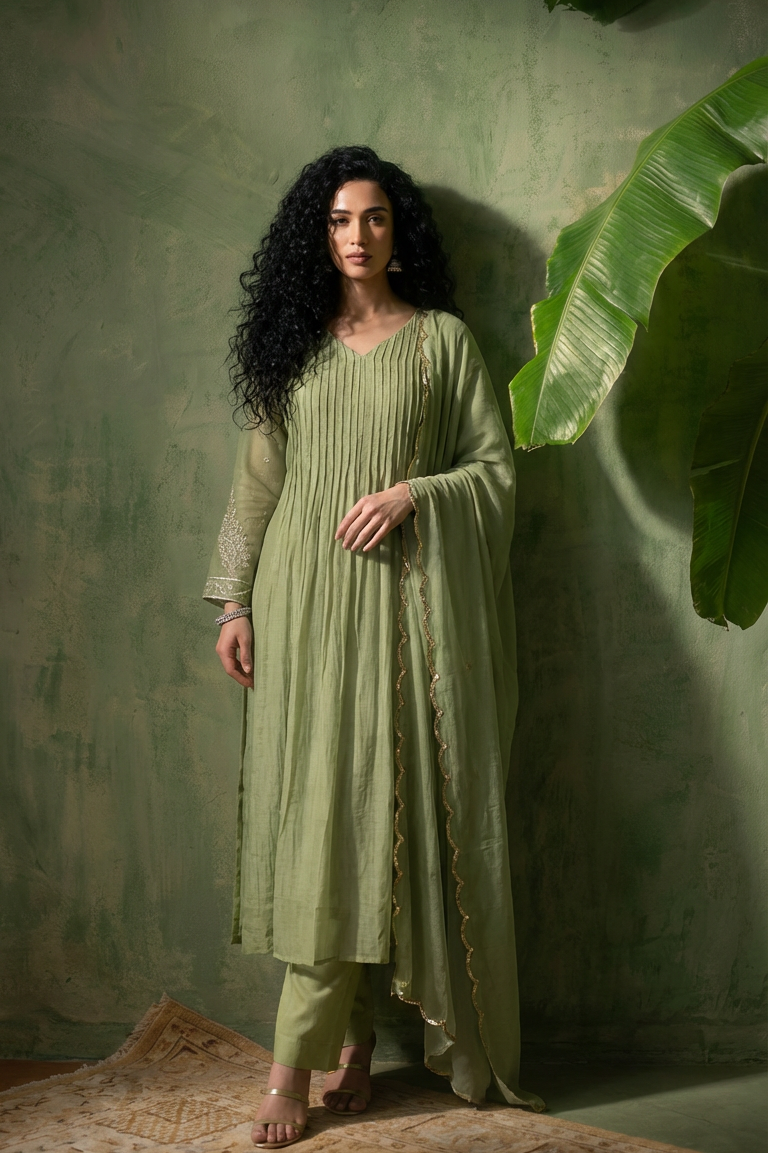 SAFA Green  Elegant Pleated  Pintuck Mul Chanderi Set FRONT 