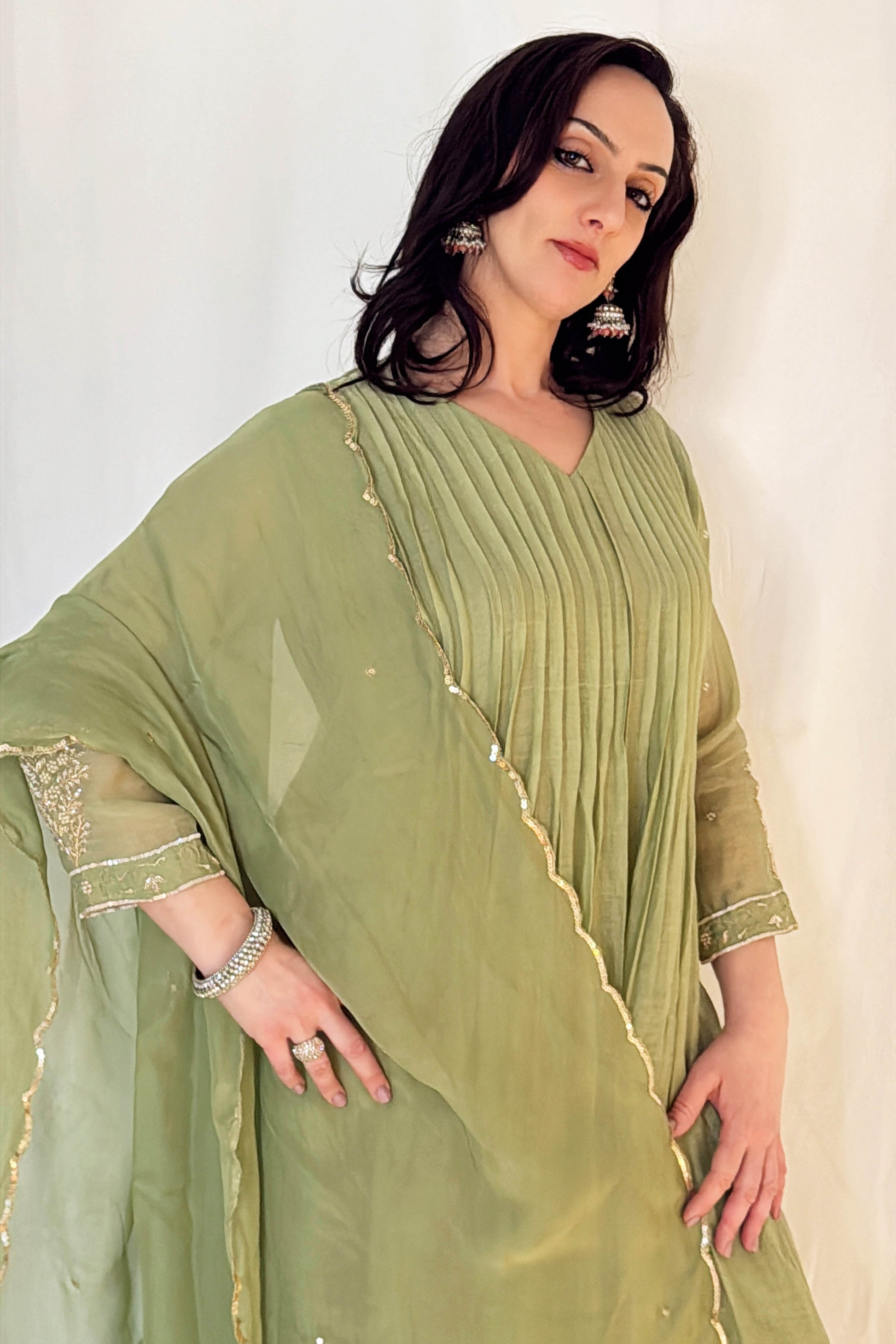 SAFA_Green_Elegant_Pleated_Pintuck_Mul_Chanderi_Set_Top Part 