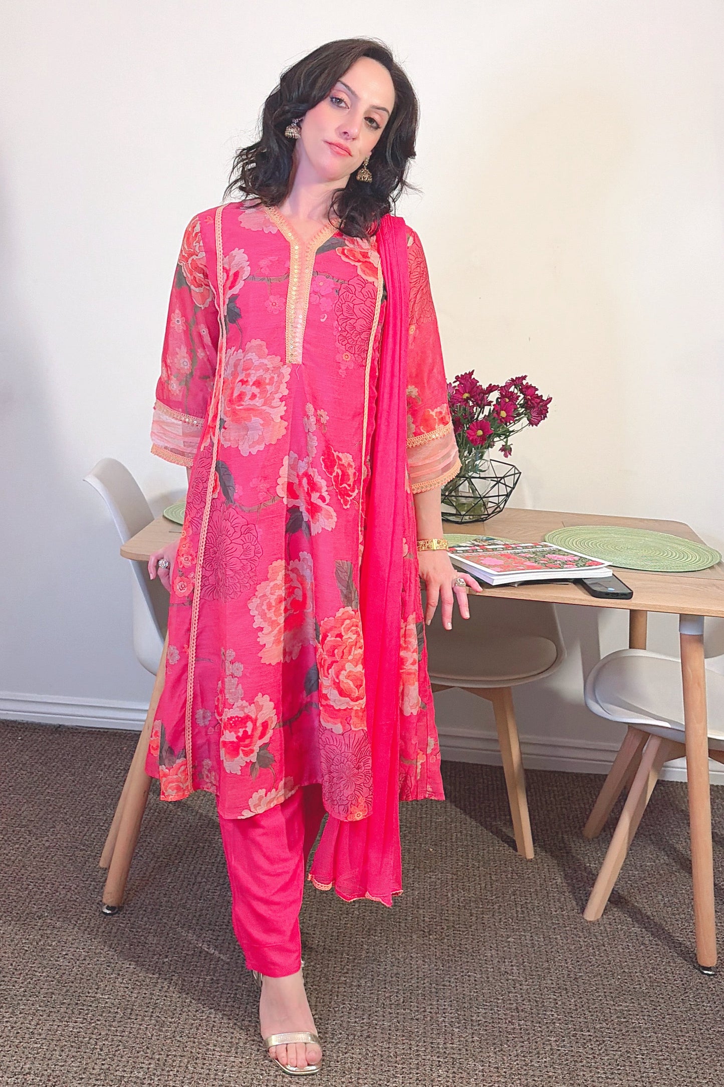 SAMARA Fuchsia Floral Embroidered Chanderi Anarkali Set. front 
