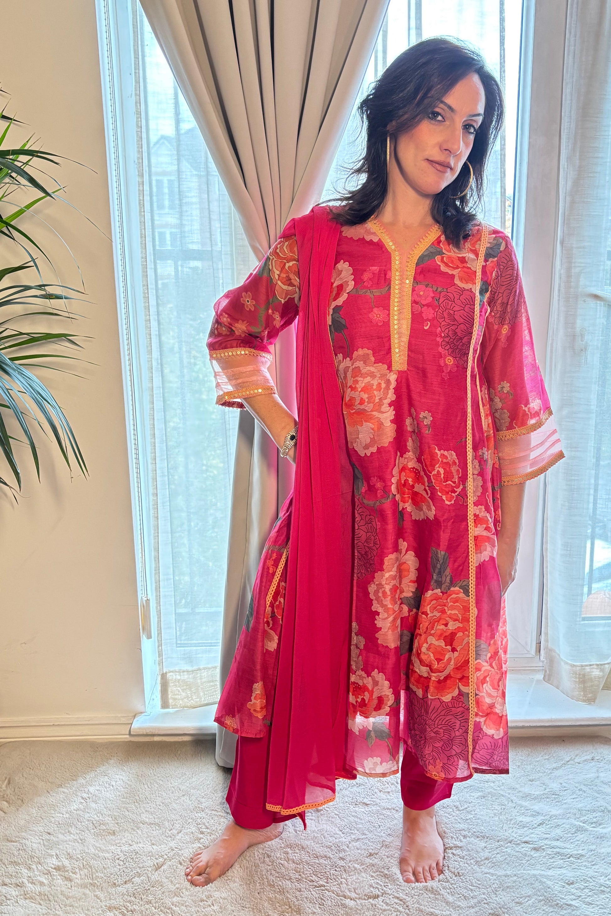 SAMARA Fuchsia Floral Embroidered Chanderi Anarkali Set. front ROSA