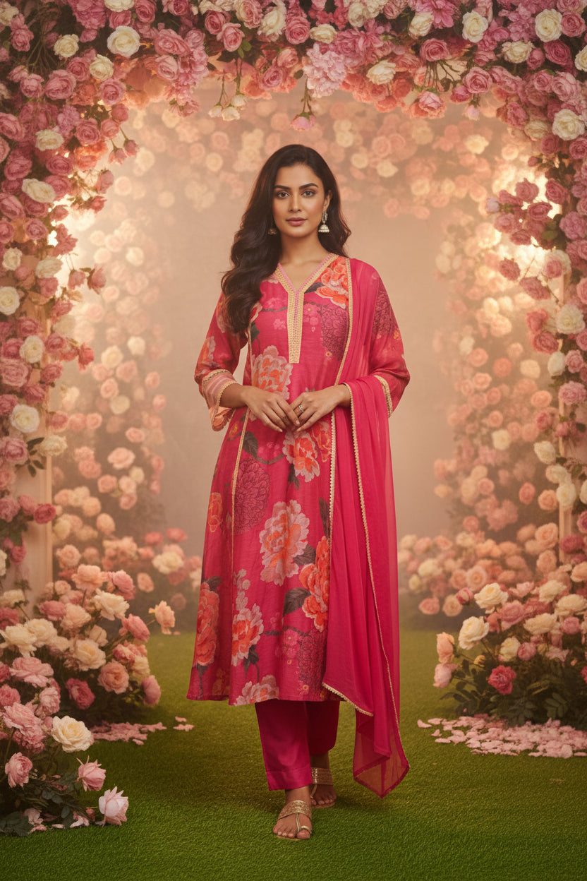 SAMARA Fuchsia Floral Embroidered Chanderi Anarkali Set