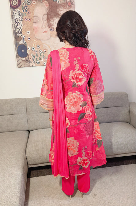 SAMARA Fuchsia Floral Embroidered Chanderi Anarkali Set Back view 