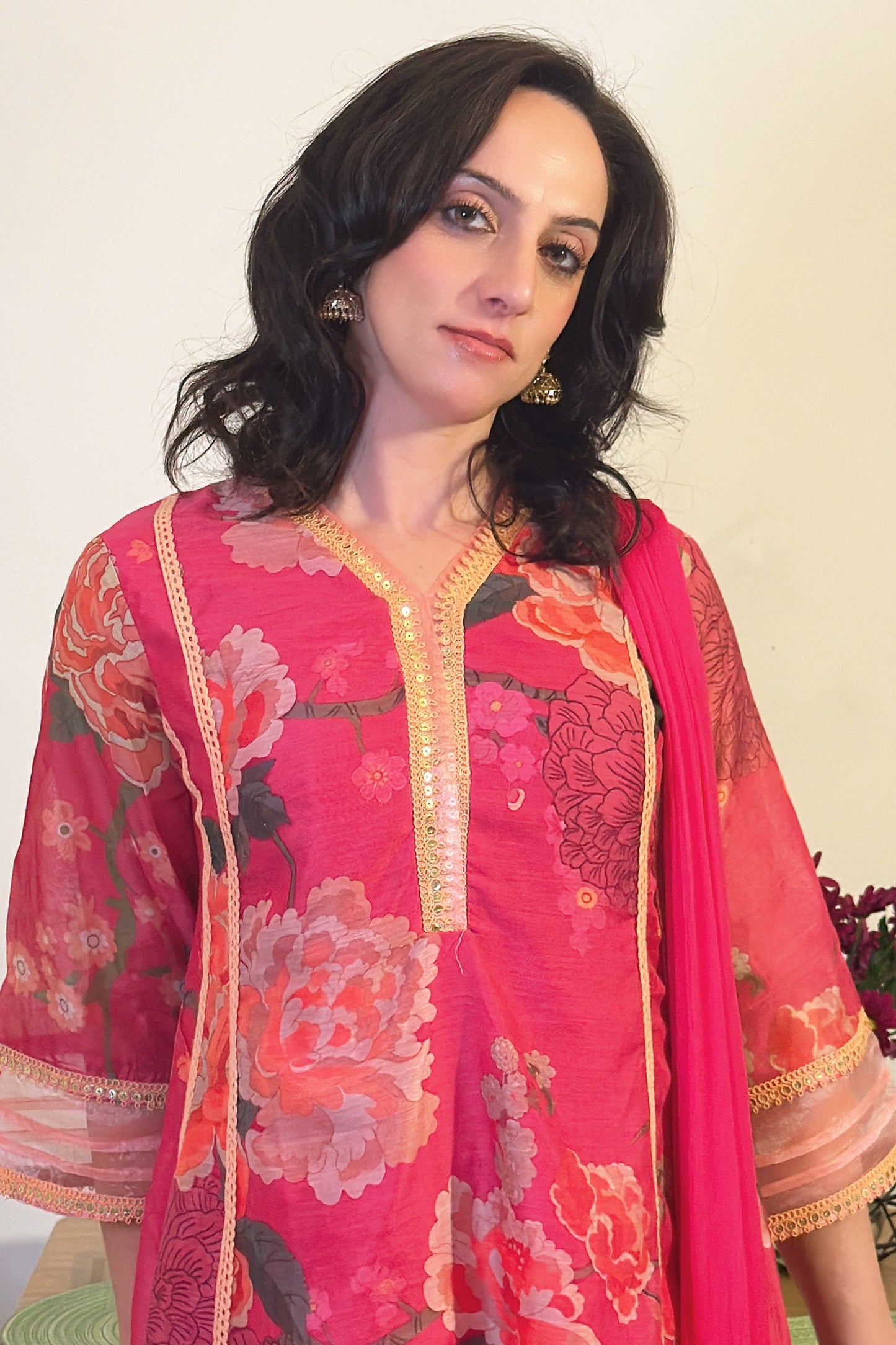 SAMARA Fuchsia Floral Embroidered Chanderi Anarkali Set closeup 