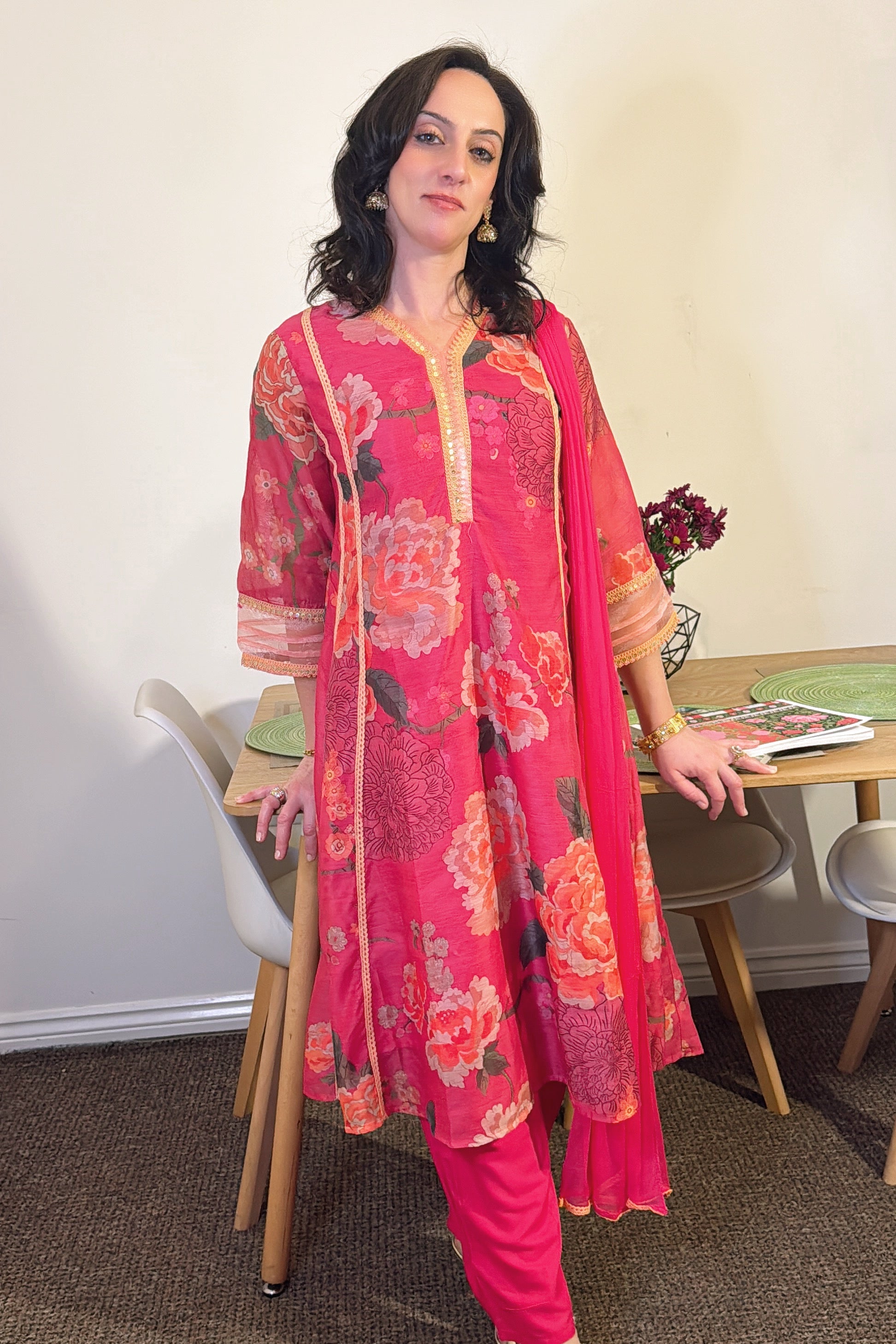 SAMARA Fuchsia Floral Embroidered Chanderi Anarkali Set front 2 
