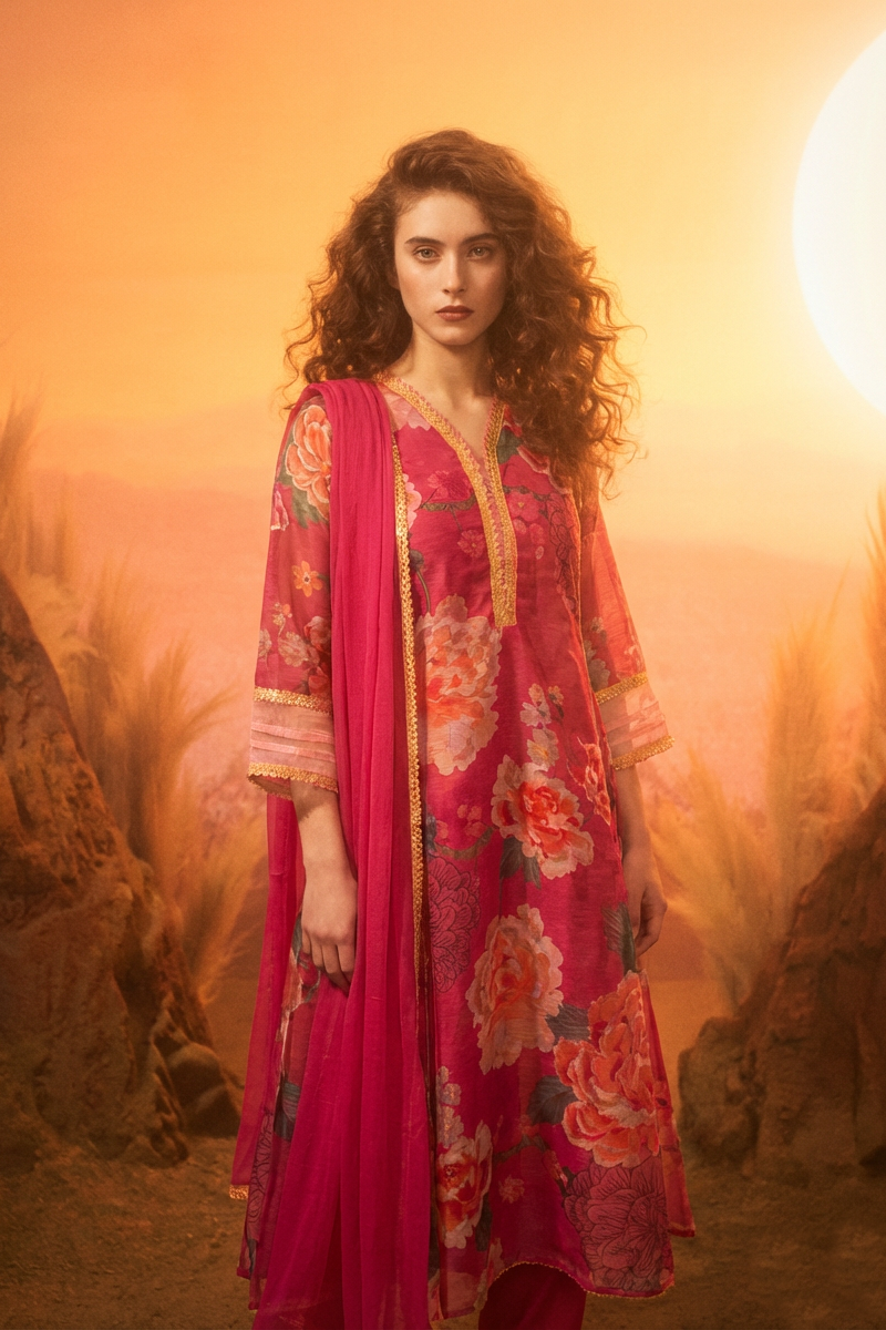 SAMARA Fuchsia Floral Embroidered Chanderi Anarkali Set side 3