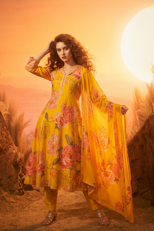 SAMARA Yellow Floral Embroidered Chanderi Anarkali Set FRONT AI 
