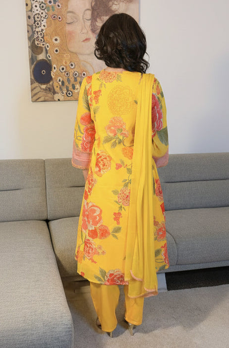 SAMARA Yellow Floral Embroidered Chanderi Anarkali Set back 