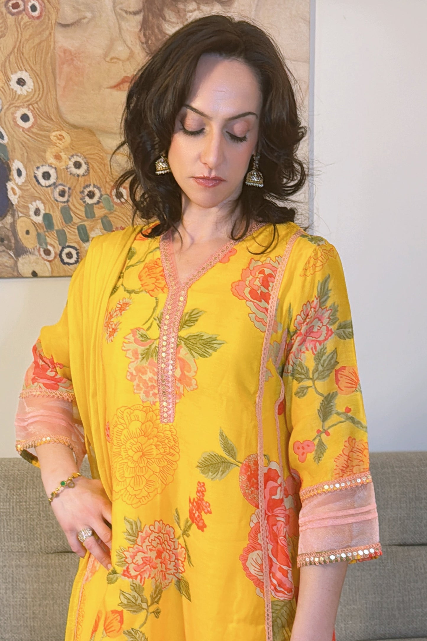 SAMARA Yellow Floral Embroidered Chanderi Anarkali Set  close up 