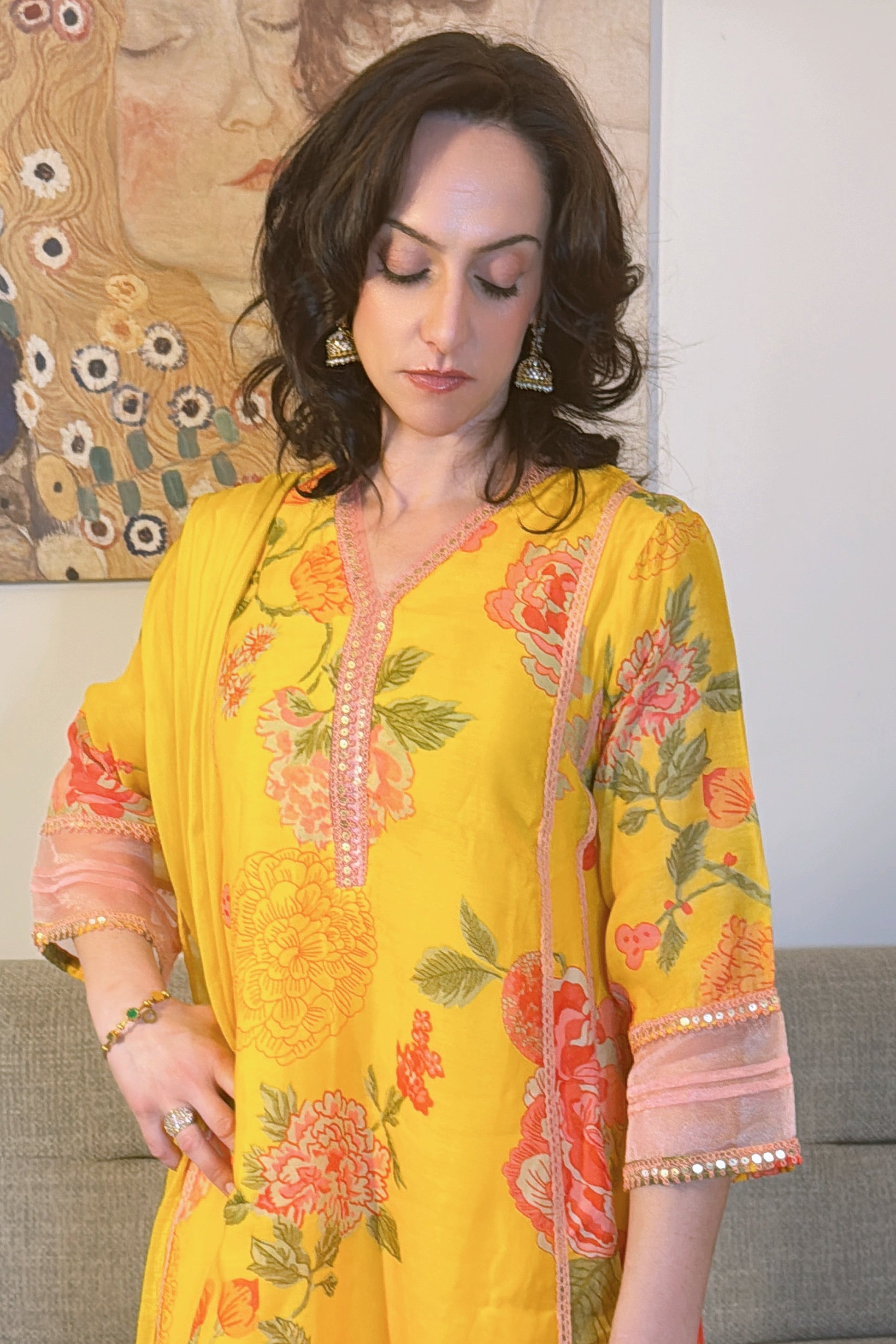 SAMARA Yellow Floral Embroidered Chanderi Anarkali Set  close up 