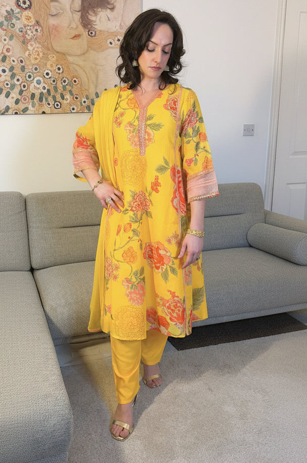 SAMARA Yellow Floral Embroidered Chanderi Anarkali Set front full 