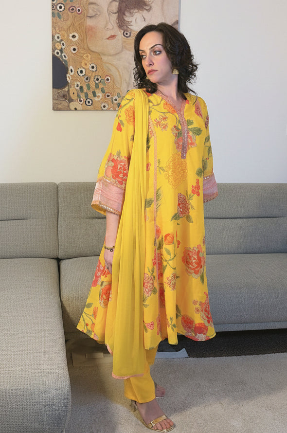SAMARA Yellow Floral Embroidered Chanderi Anarkali Set side 