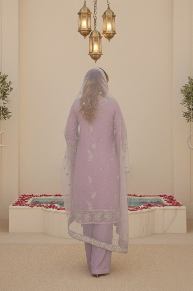 SEERAT  Lilac Luxury Embroidered Suit Set  With Palazzo Back