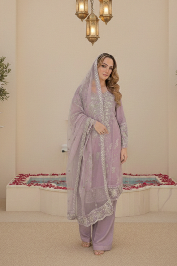 SEERAT  Lilac Luxury Embroidered Suit Set  With Palazzo Ethnic Wear