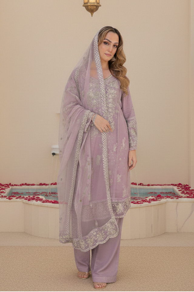 SEERAT  Lilac Luxury Embroidered Suit Set  With Palazzo Front Outfit
