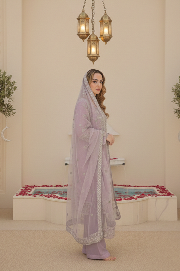 SEERAT  Lilac Luxury Embroidered Suit Set  With Palazzo Side