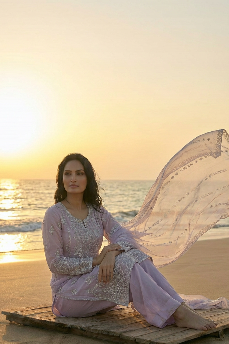 SEERAT  Lilac Luxury Embroidered Suit Set  With Palazzo Sitting
