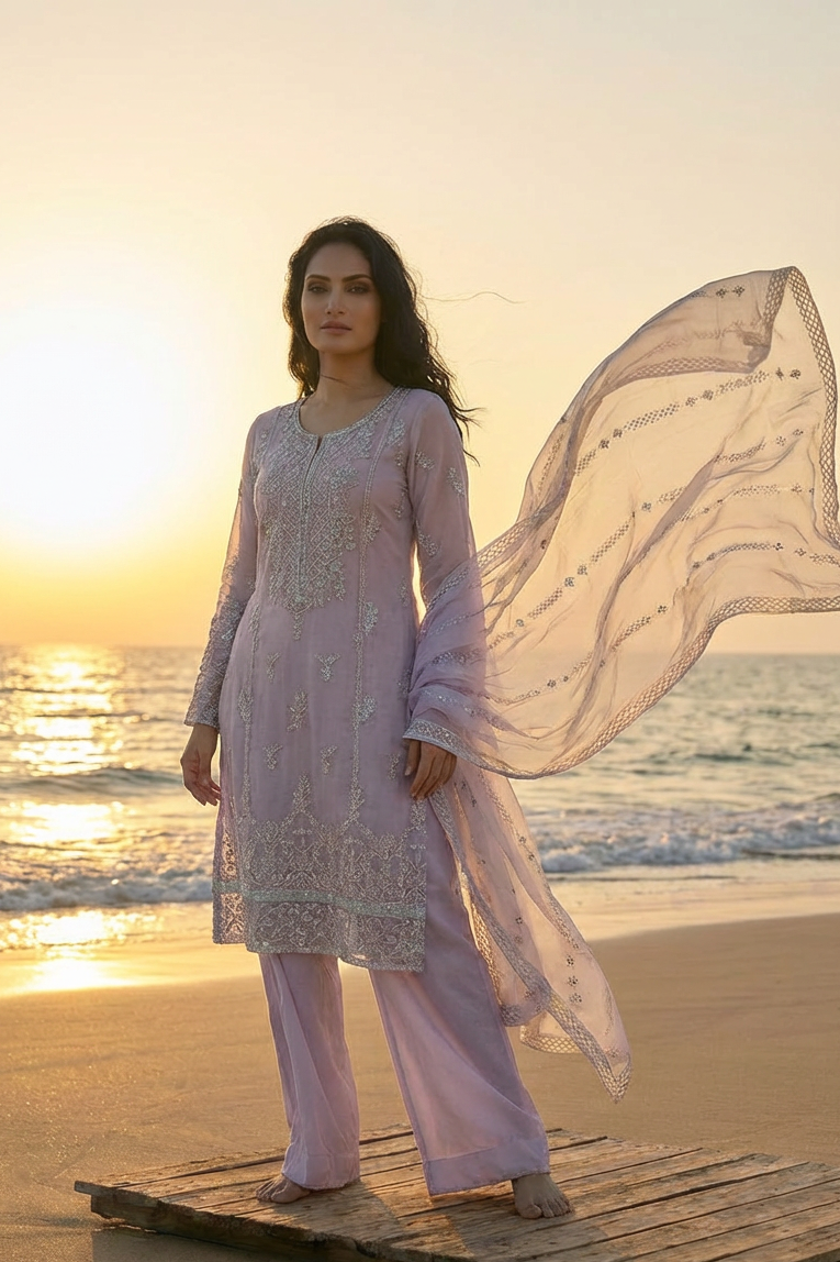 SEERAT  Lilac Luxury Embroidered Suit Set  With Palazzo front 
