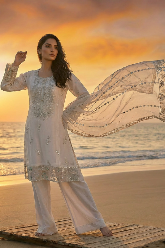 SEERAT White Luxury Embroidered Set With Palazzo