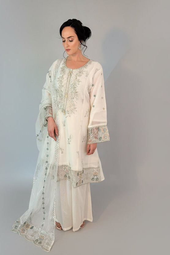 SEERAT White Luxury Embroidered Set With Palazzo FRONT 