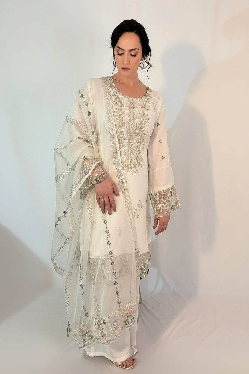 SEERAT White Luxury Embroidered Set With Palazzo SIDE 
