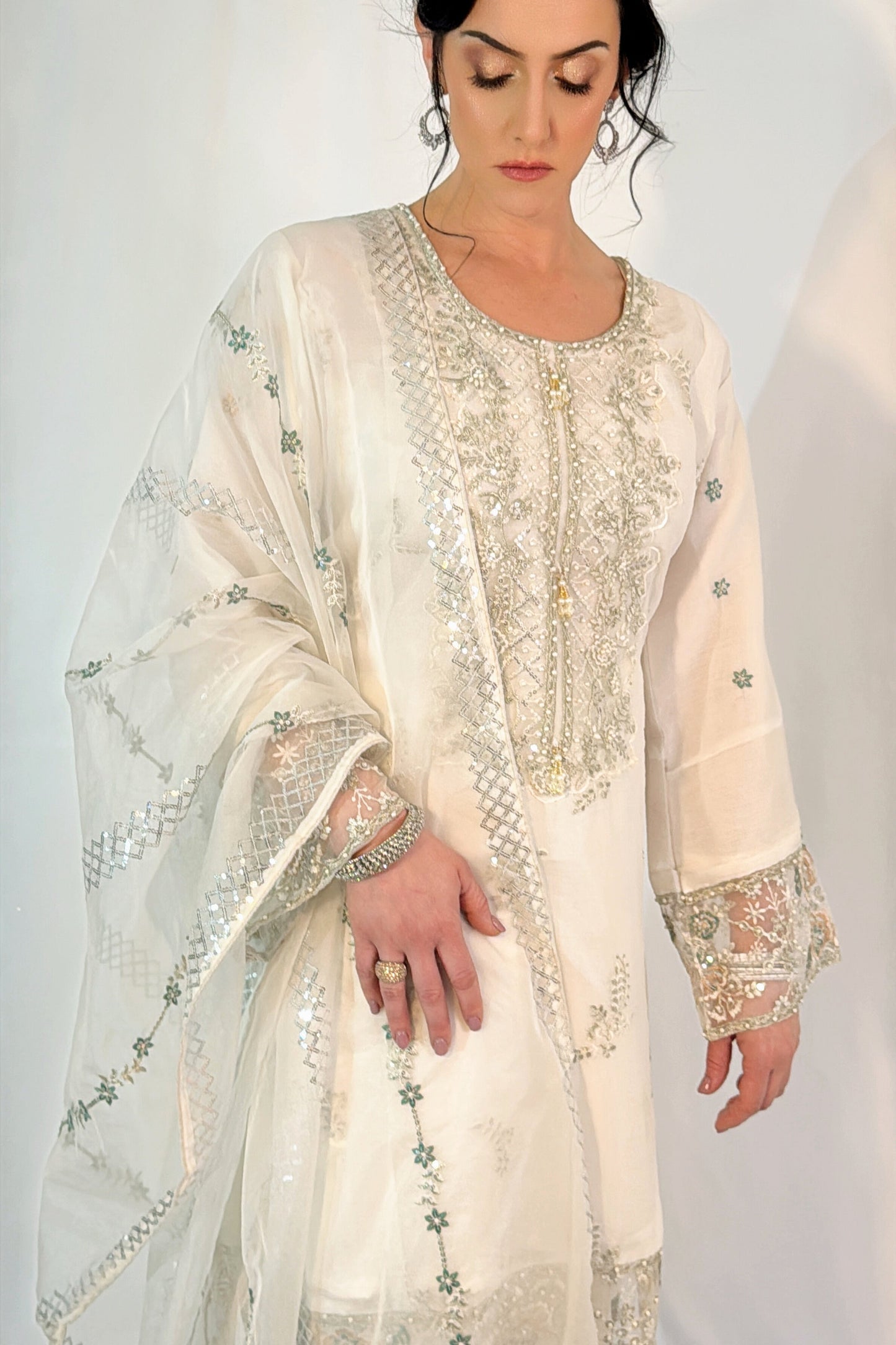 SEERAT White Luxury Embroidered Set With Palazzo close up 