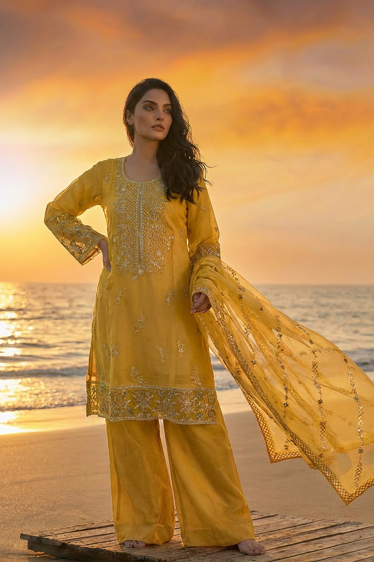 SEERAT Yellow  Luxury Embroidered Suit Set With Palazzo