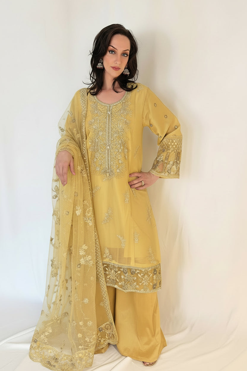 SEERAT_Yellow_Luxury_Embroidered_Suit_Set_With_Palazzo  Pose