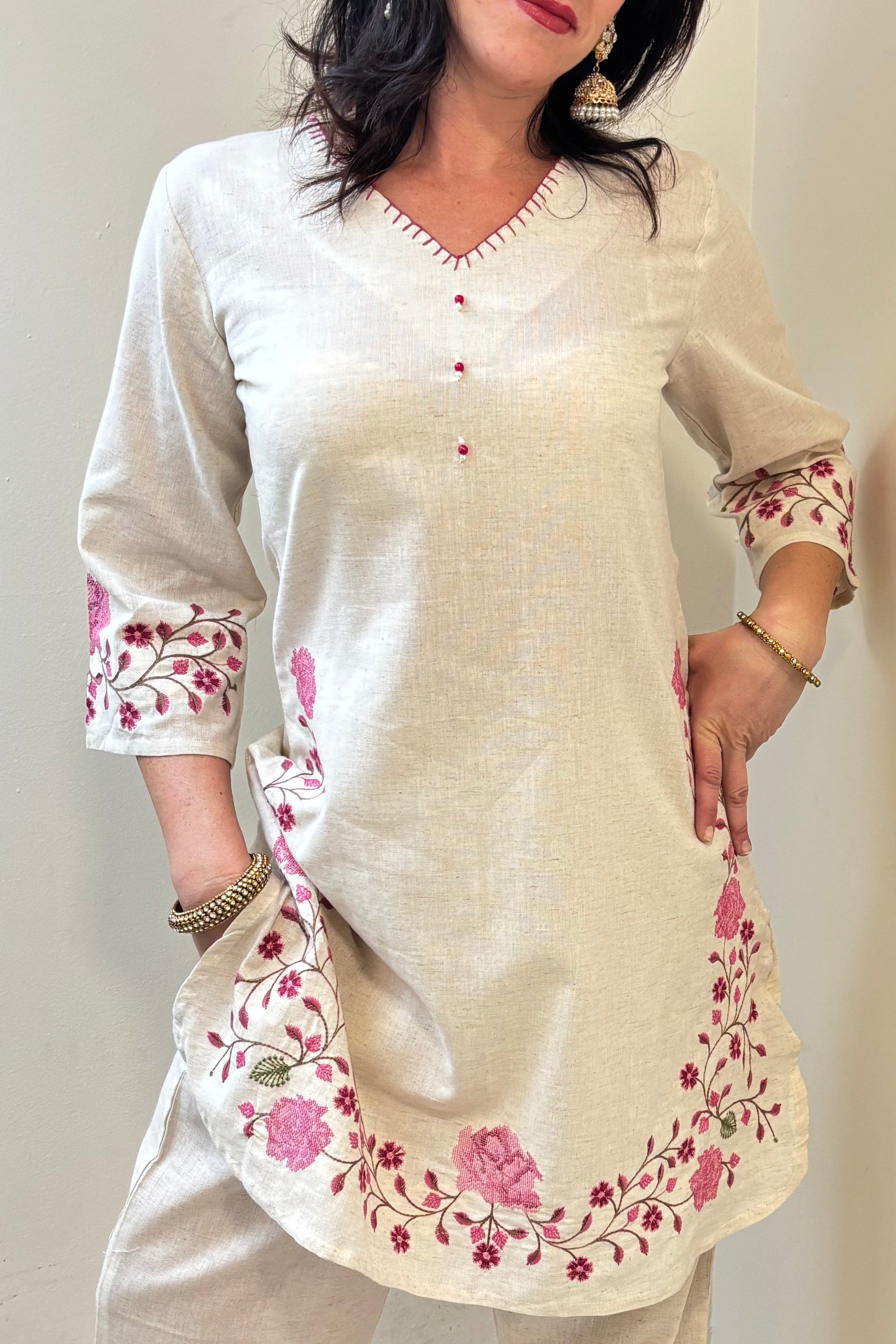 SIA Floral Embroidered Cotton Kurta and Palazzo Set Front Close Up