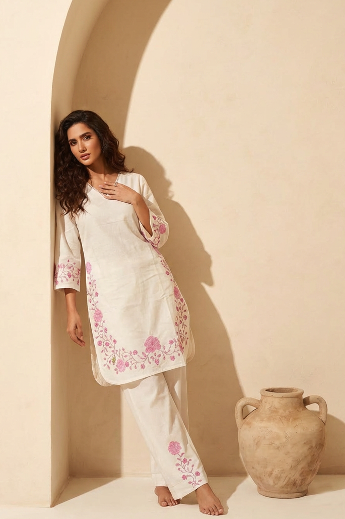 SIA Floral Embroidered Cotton Kurta and Palazzo Set front  AI