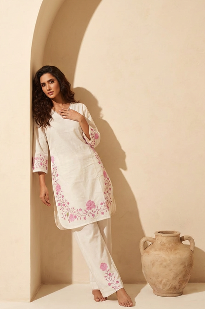 SIA Floral Embroidered Cotton Kurta and Palazzo Set front  AI