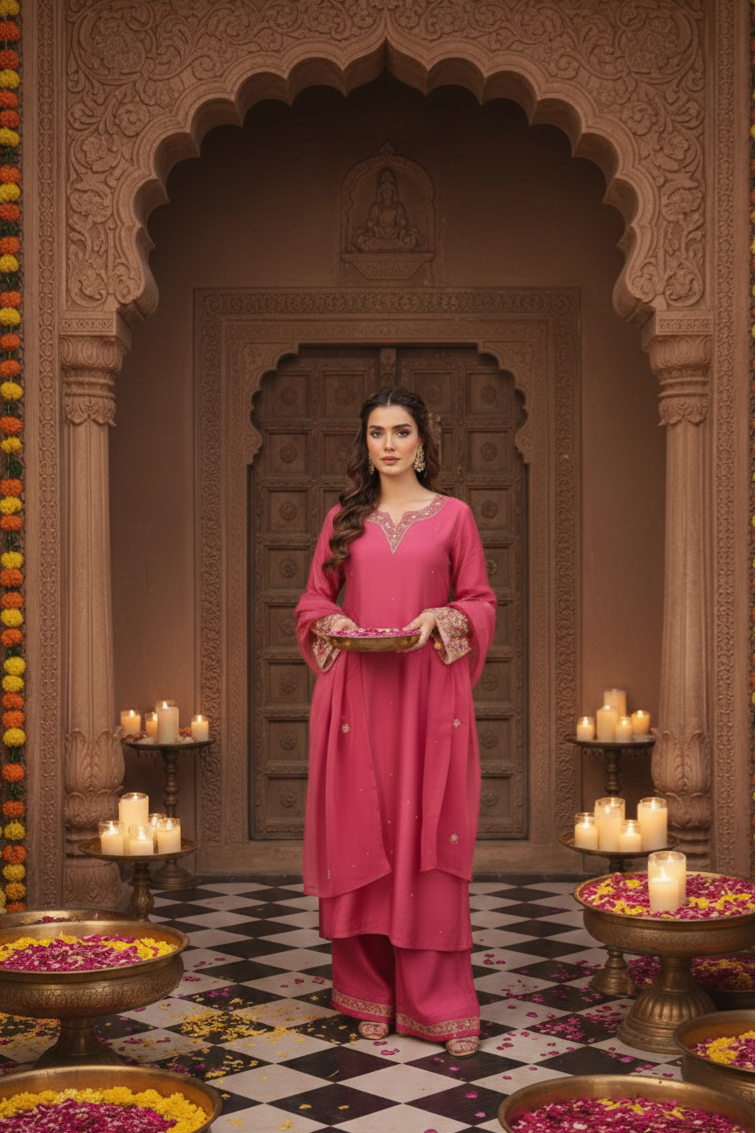SIMRAN Silk Blend Embroidered Palazzo Suit Set AI front 2